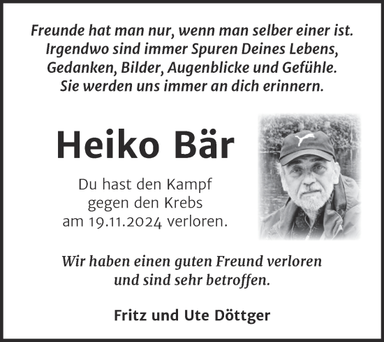 Traueranzeige von Heiko Bär von Trauerkombi Bitterfeld