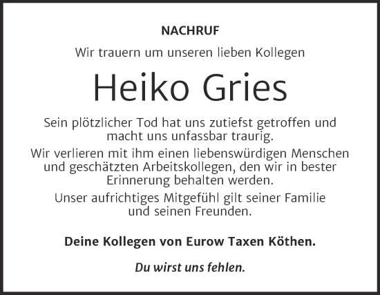 Traueranzeige von Heiko Gries von Super Sonntag Köthen