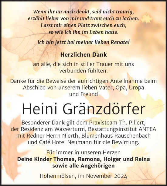 Traueranzeige von Heini Gränzdörfer von Trauerkombi Weißenfels