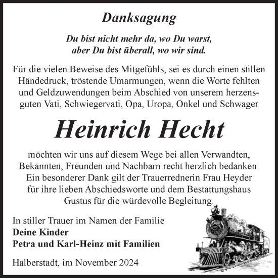 Traueranzeige von Heinrich Hecht von Volksstimme Halberstadt