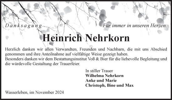 Traueranzeige von Heinrich Nehrkorn von Volksstimme Wernigerode