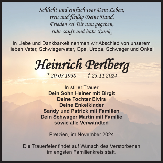 Traueranzeige von Heinrich Perlberg von Volksstimme Schönebeck