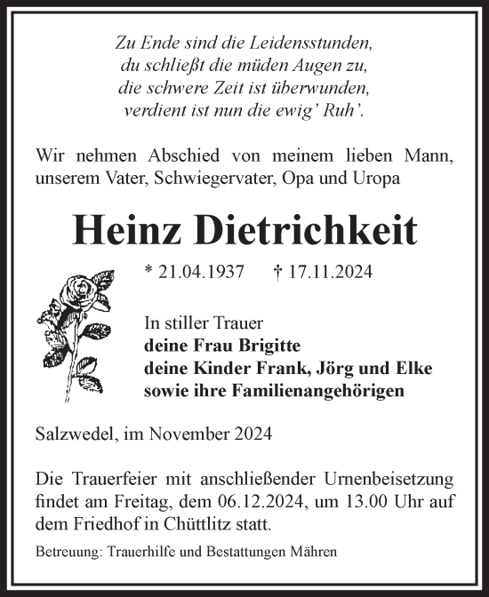 Traueranzeige von Heinz Dietrichkeit von Volksstimme Altmark West