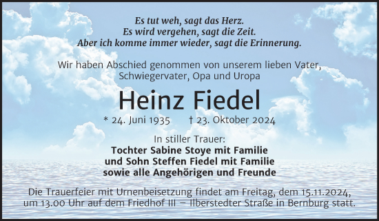 Traueranzeige von Heinz Fiedel von Trauerkombi Bernburg