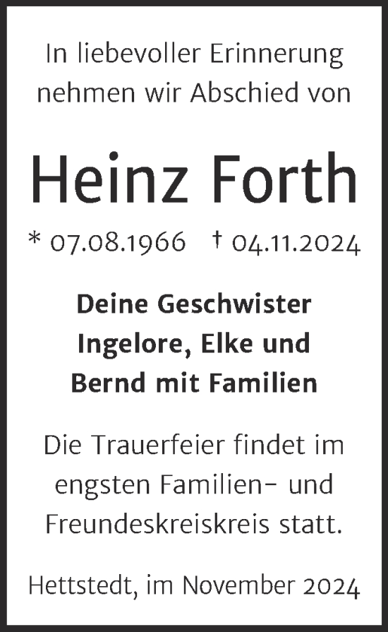 Traueranzeige von Heinz Forth von Trauerkombi Mansfelder Land