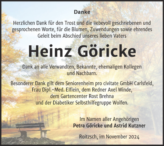 Traueranzeige von Heinz Göricke von Trauerkombi Bitterfeld