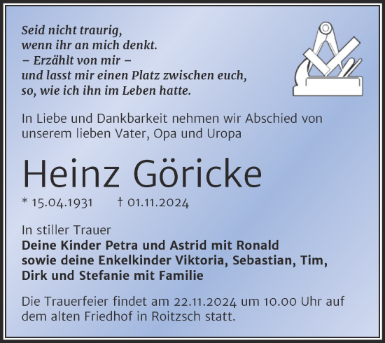 Traueranzeige von Heinz Göricke von Trauerkombi Bitterfeld