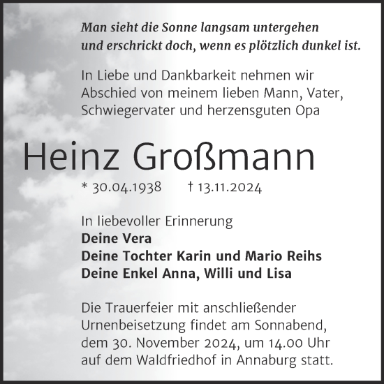 Traueranzeige von Heinz Großmann von Trauerkombi Wittenberg