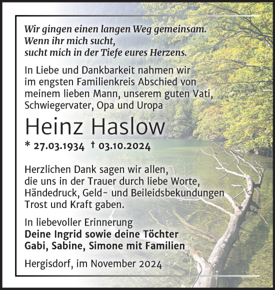 Traueranzeige von Heinz Haslow von Trauerkombi Mansfelder Land