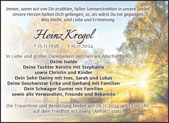 Traueranzeige von Heinz Kregel von Trauerkombi Wittenberg