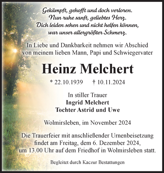 Traueranzeige von Heinz Melchert von Volksstimme Staßfurt