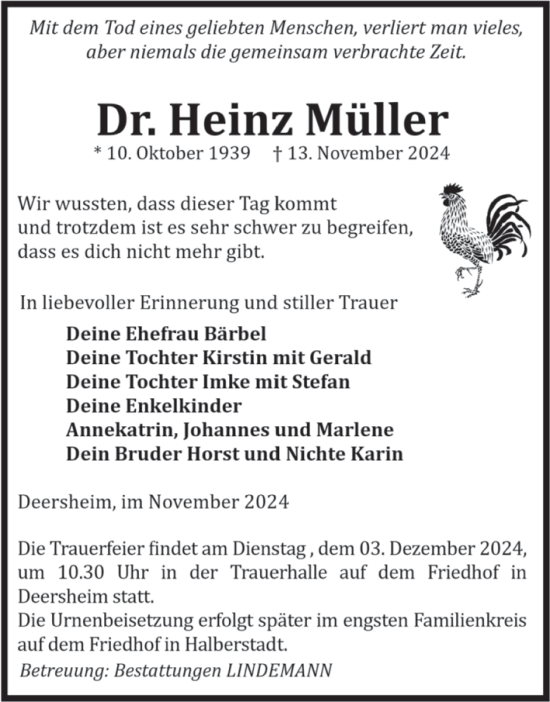 Traueranzeige von Heinz Müller von Volksstimme Halberstadt