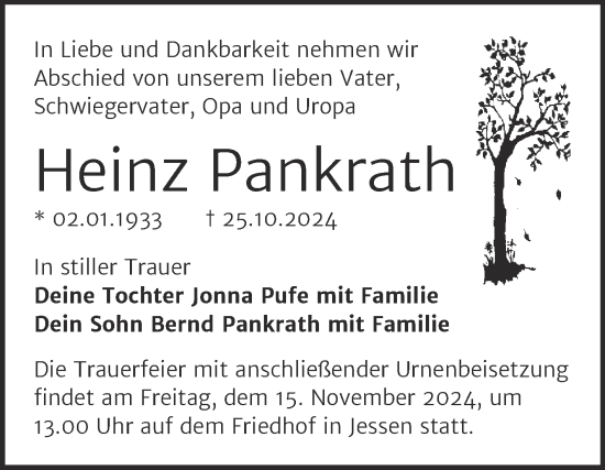 Traueranzeige von Heinz Pankrath von Trauerkombi Wittenberg