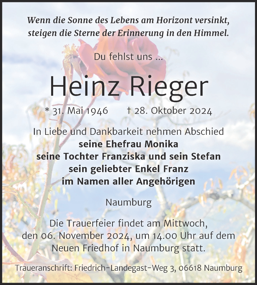  Traueranzeige für Heinz Rieger vom 02.11.2024 aus Super Sonntag Naumburg/Nebra