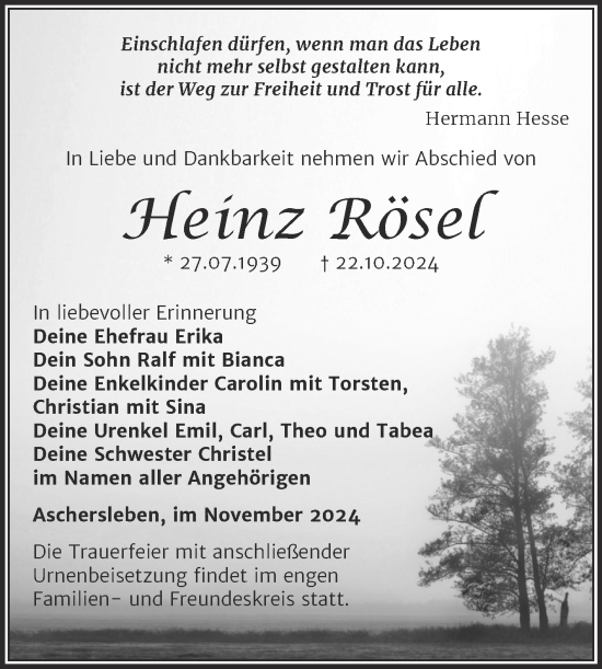 Traueranzeige von Heinz Rösel von Trauerkombi Aschersleben