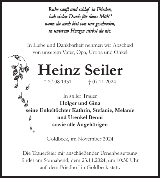 Traueranzeige von Heinz Seiler von Volksstimme Altmark Ost