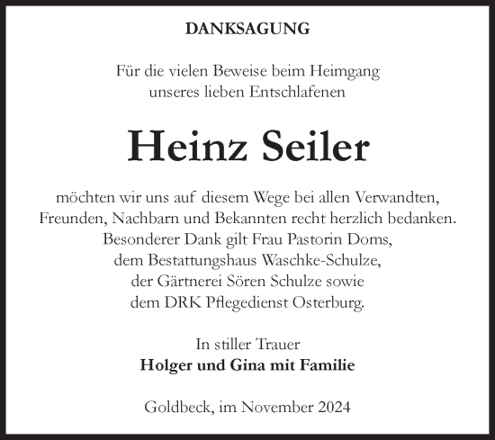 Traueranzeige von Heinz Seiler von Volksstimme Altmark Ost