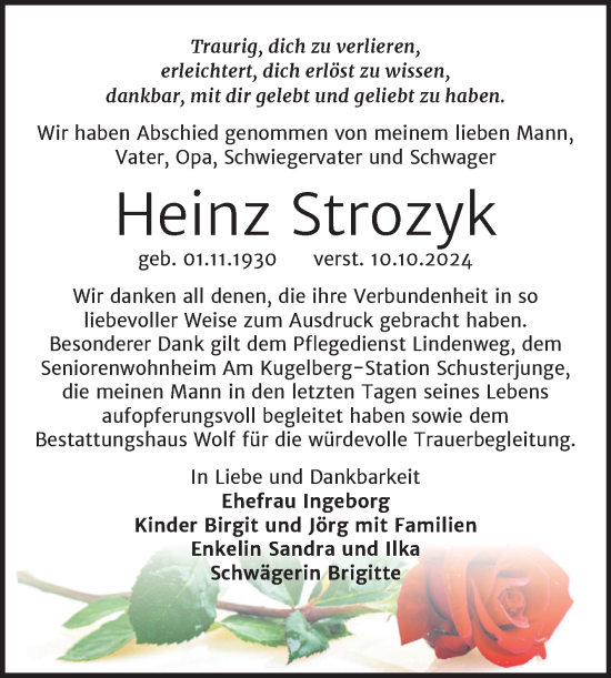 Traueranzeige von Heinz Strozyk von Trauerkombi Weißenfels