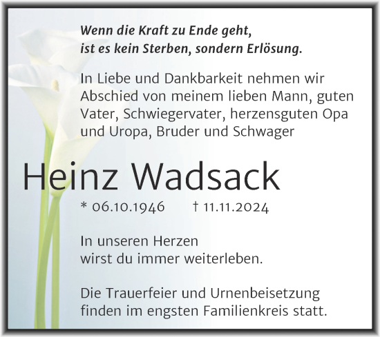 Traueranzeige von Heinz Wadsack von Trauerkombi Mansfelder Land