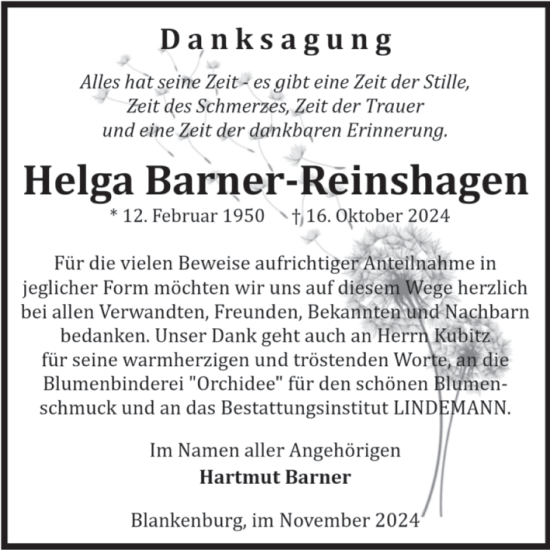 Traueranzeige von Helga Barner-Reinshagen von Volksstimme Wernigerode
