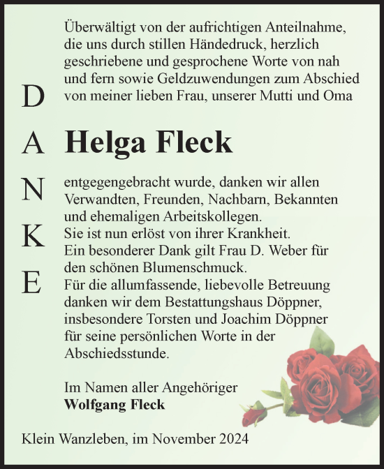 Traueranzeige von Helga Fleck von Volksstimme Oschersleben/Wanzleben
