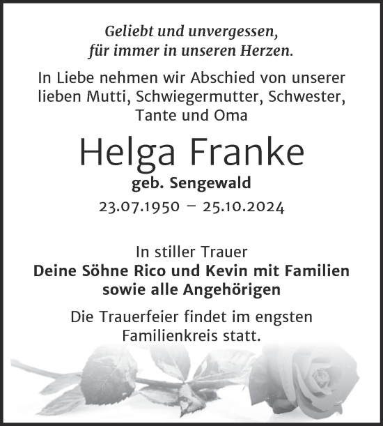 Traueranzeige von Helga Franke von Trauerkombi Sangerhausen