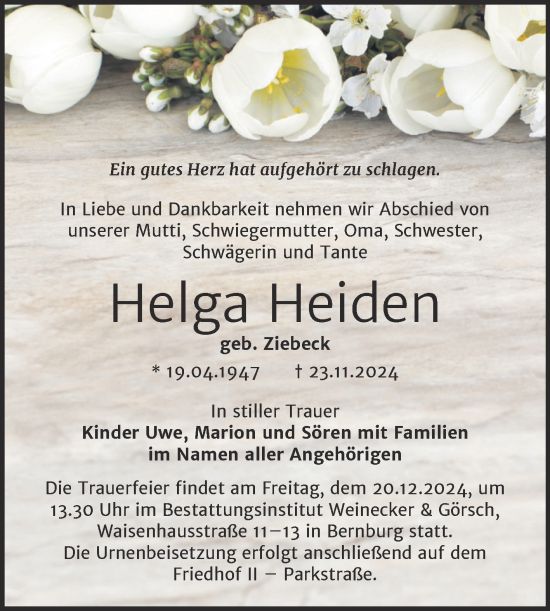 Traueranzeige von Helga Heiden von Trauerkombi Bernburg