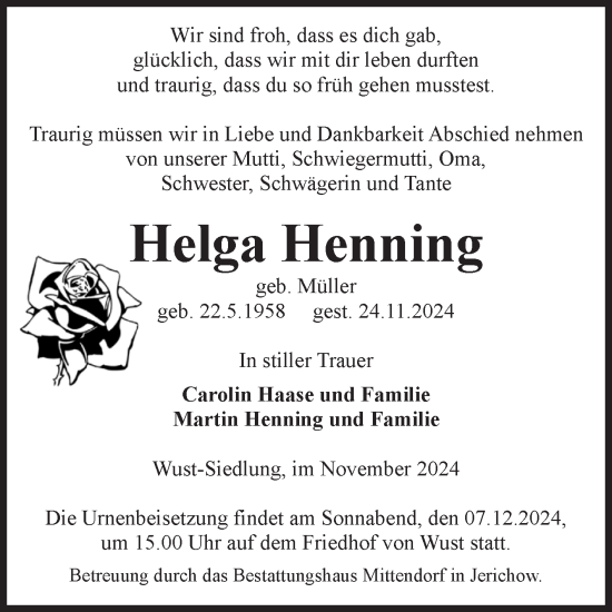 Traueranzeige von Helga Henning von Volksstimme Altmark Ost