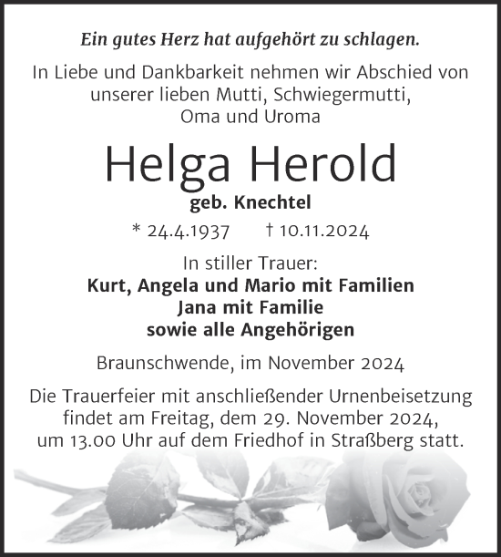 Traueranzeige von Helga Herold von Trauerkombi Mansfelder Land