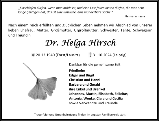 Traueranzeige von Helga Hirsch von Naumburger Tageblatt