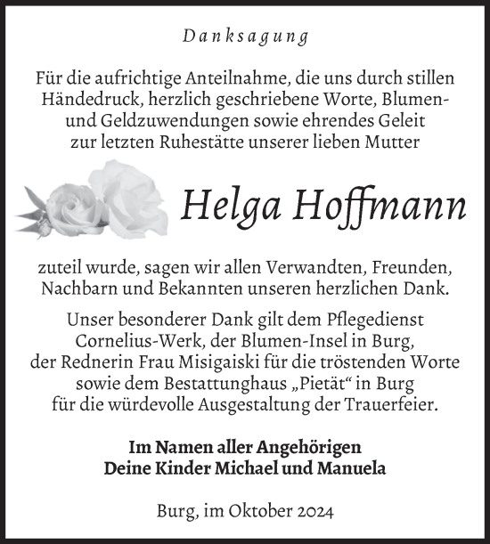 Traueranzeige von Helga Hoffmann von Volksstimme Burg/Genthin