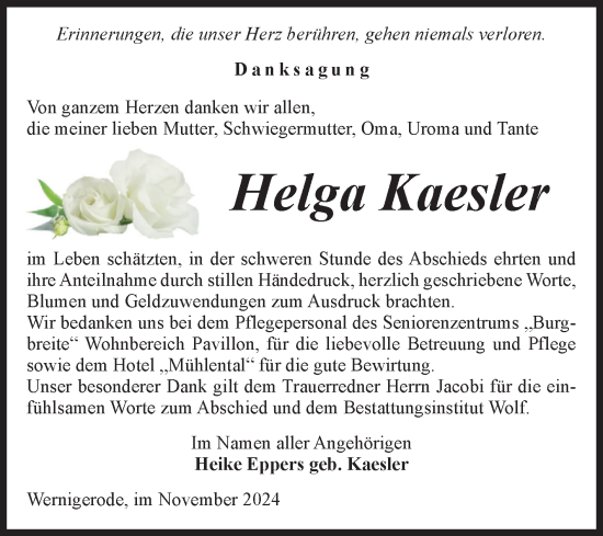 Traueranzeige von Helga Kaesler von Volksstimme Wernigerode