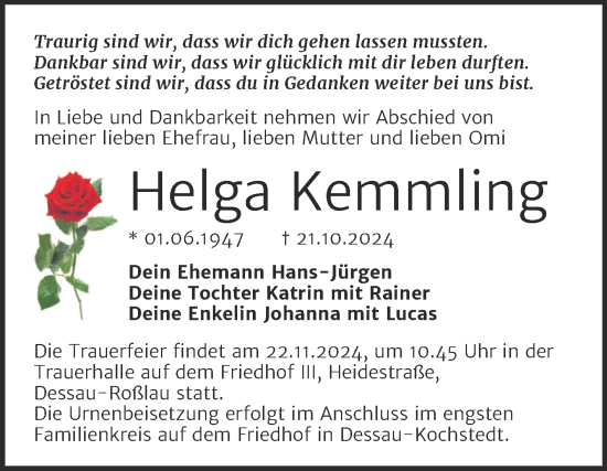 Traueranzeige von Helga Kemmling von Trauerkombi Dessau