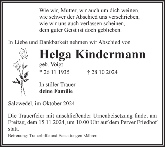 Traueranzeige von Helga Kindermann von Volksstimme Altmark West