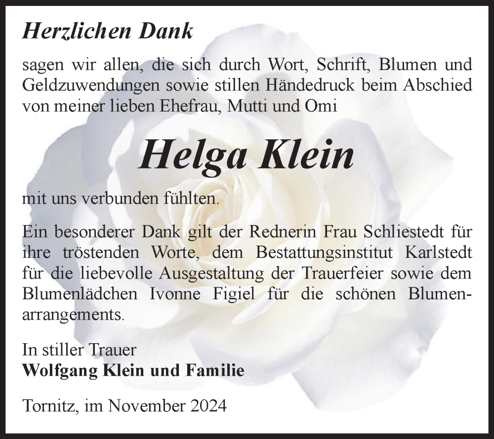  Traueranzeige für Helga Klein vom 30.11.2024 aus Volksstimme Schönebeck