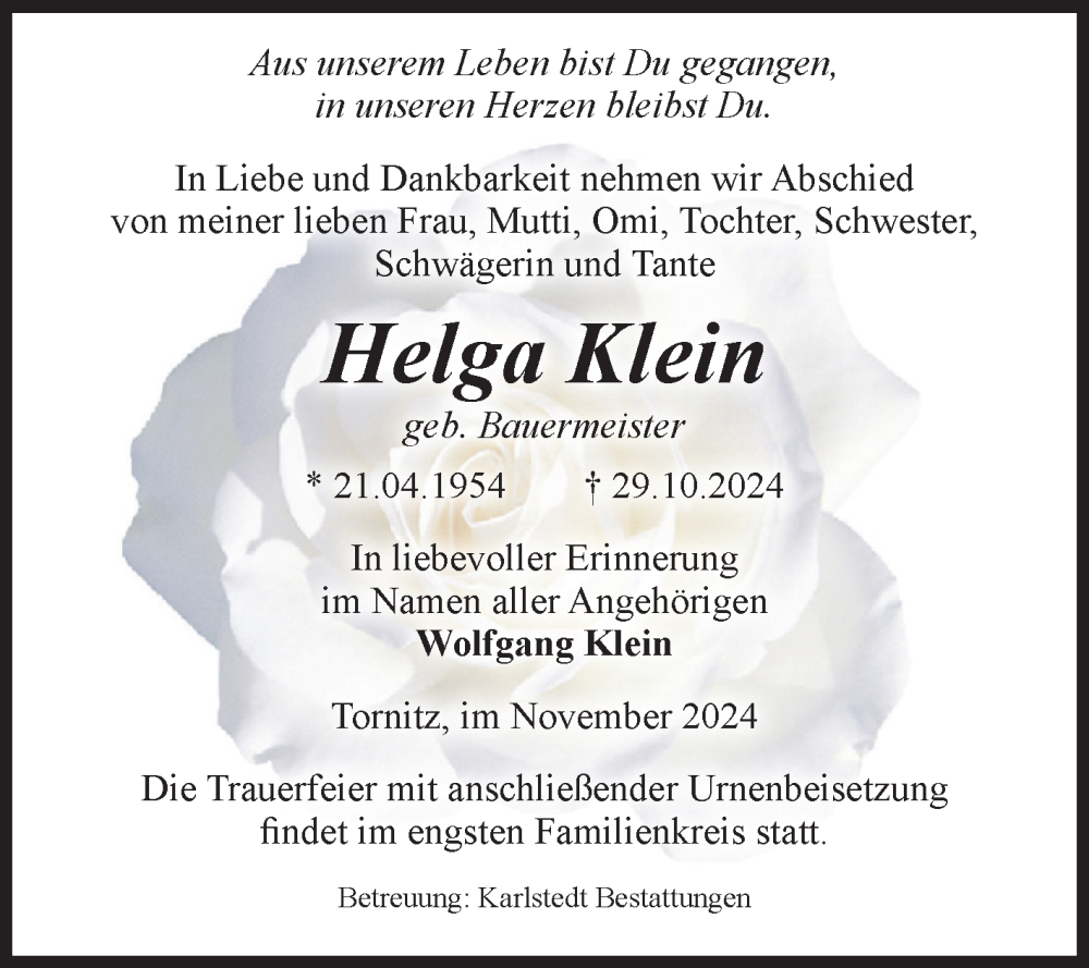  Traueranzeige für Helga Klein vom 09.11.2024 aus Volksstimme Schönebeck
