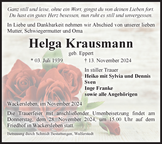Traueranzeige von Helga Krausmann von Volksstimme Oschersleben/Wanzleben
