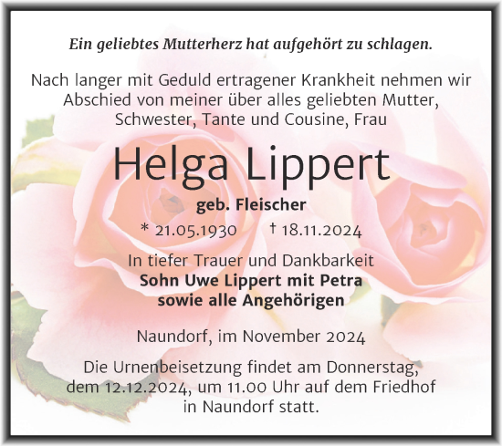 Traueranzeige von Helga Lippert von Trauerkombi Weißenfels
