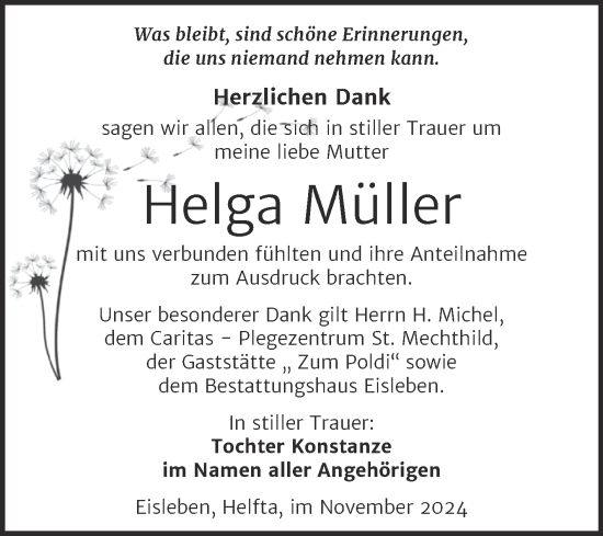 Traueranzeige von Helga Müller von Trauerkombi Mansfelder Land