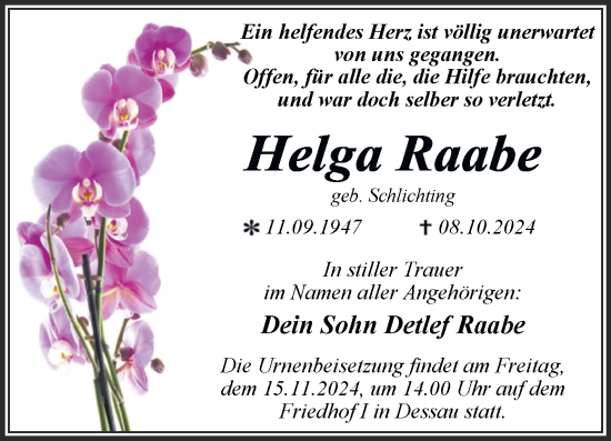 Traueranzeige von Helga Raabe von Trauerkombi Dessau