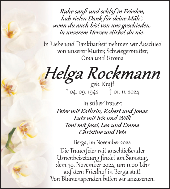 Traueranzeige von Helga Rockmann von Trauerkombi Sangerhausen