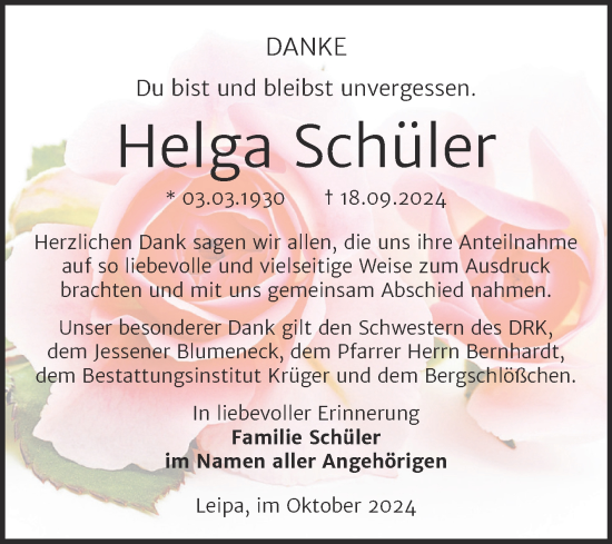 Traueranzeige von Helga Schüler von Trauerkombi Wittenberg