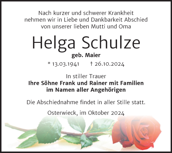 Traueranzeige von Helga Schulze von Volksstimme Halberstadt
