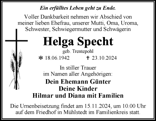 Traueranzeige von Helga Specht von Trauerkombi Dessau