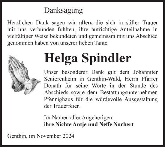 Traueranzeige von Helga Spindler von Volksstimme Burg/Genthin