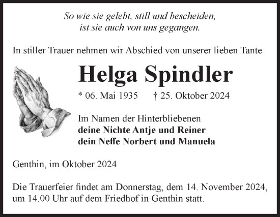 Traueranzeige von Helga Spindler von Volksstimme Burg/Genthin