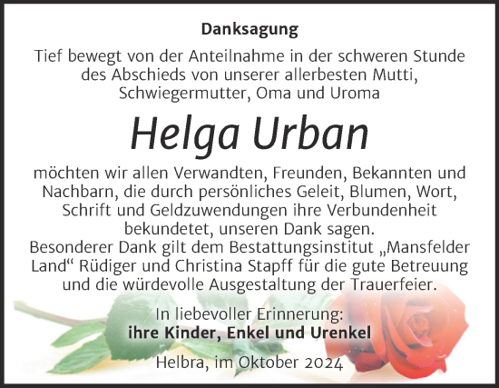 Traueranzeige von Helga Urban von Trauerkombi Mansfelder Land