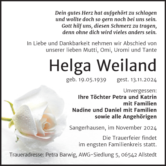 Traueranzeige von Helga Weiland von Trauerkombi Sangerhausen