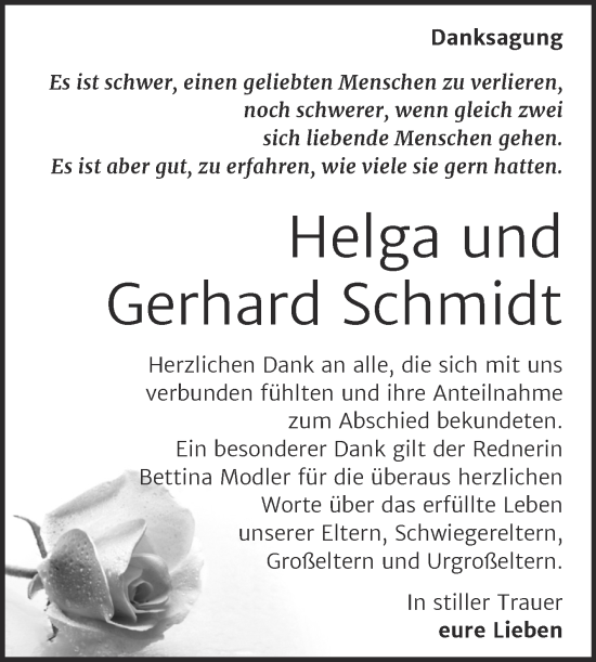 Traueranzeige von Helga und Gerhard Schmidt von Trauerkombi Wittenberg