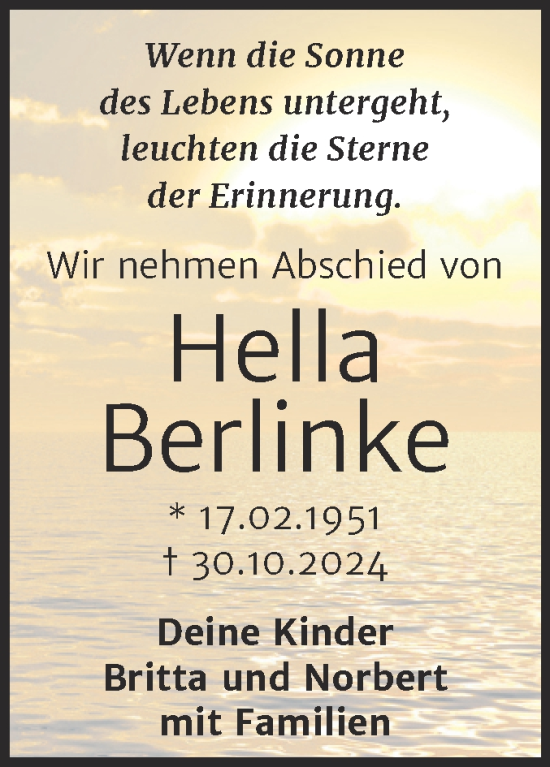Traueranzeige von Hella Berlinke von Trauerkombi Quedlinburg